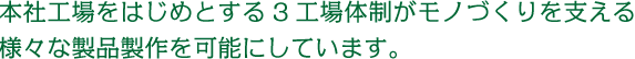 本社工場をはじめとする3工場体制がモノづくりを支える様々な製品製作を可能にしています。